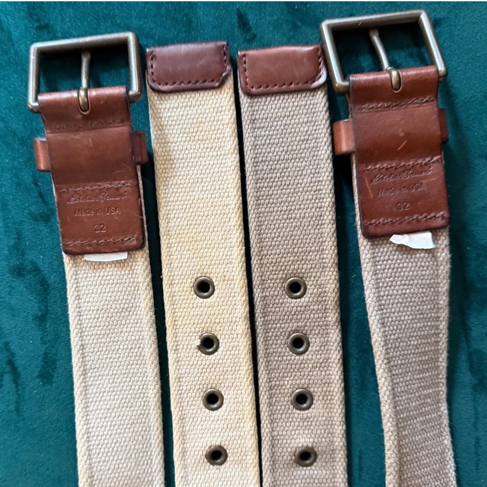 Eddie Bauer Mens Canvas Leather Web Belts Size 32 Made in USA Tan Khaki Lot of 2